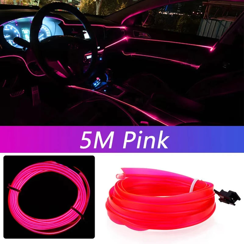 Carro Interior LED Strip Light, Neon EL Fiação, Lâmpada Decorativa para Auto, Luz Ambiente Flexível, Diodo de Festa Atmosfera, USB, 5m