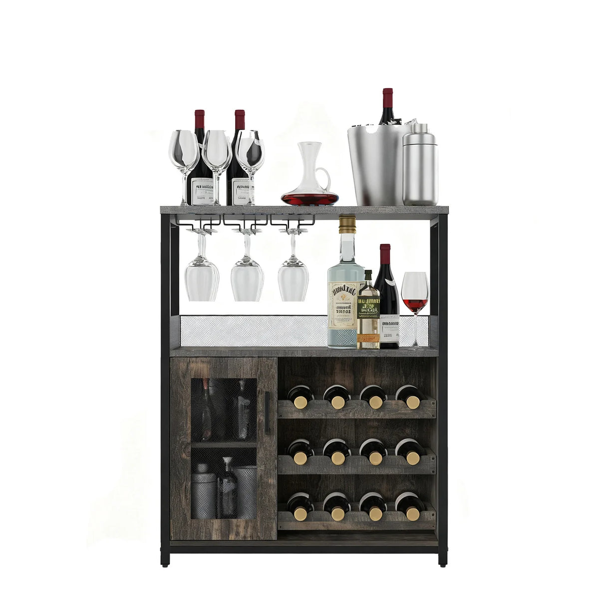 Armário de bar de vinho de 3 camadas com rack de vinho removível e armário de buffet com suporte de vidro e porta de malha para casa