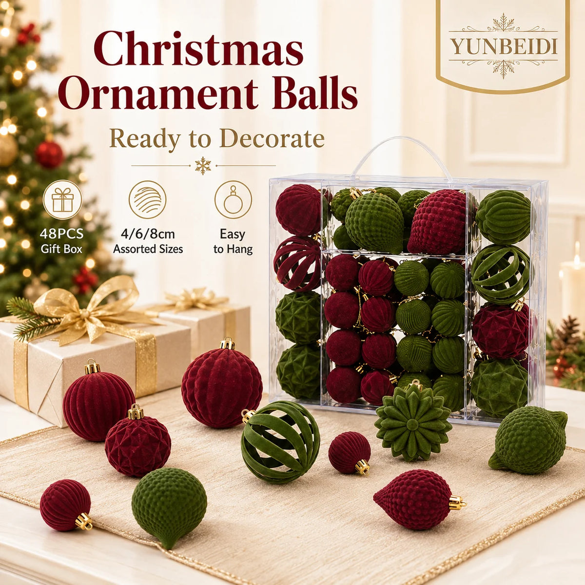 Conjunto de Bolas de Natal de Veludo 48 Peças, Enfeites Plásticos Flocados para Decoração de Árvore de Natal DIY, Decoração Suspensa para Festas e Casa