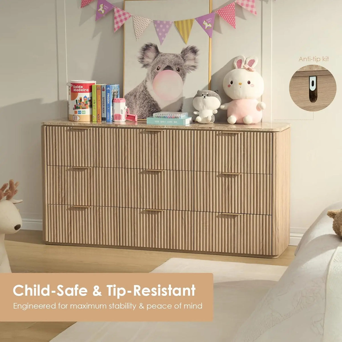 Cômoda com 9 Gavetas para Quarto, 63 Polegadas de Largura, Cômoda Moderna com Topo de Mármore Falso, Design com Cantos Arredondados, Personalizada