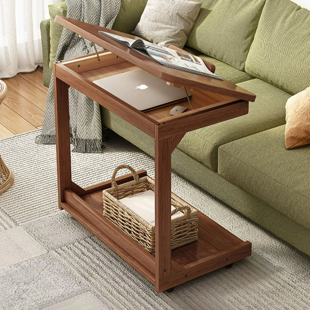 Mesa de centro móvel de madeira maciça, prateleira de armazenamento para sala de estar, mesa lateral dobrável para sofá de sala de estar, mesa de cabeceira de madeira maciça para quarto