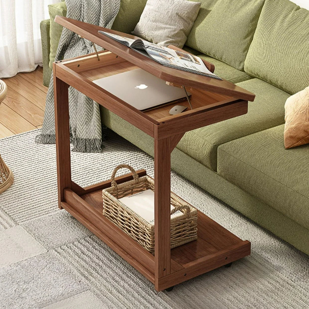 Mesa de centro móvel de madeira maciça, prateleira de armazenamento para sala de estar, mesa lateral dobrável para sofá de sala de estar, mesa de cabeceira de madeira maciça para quarto