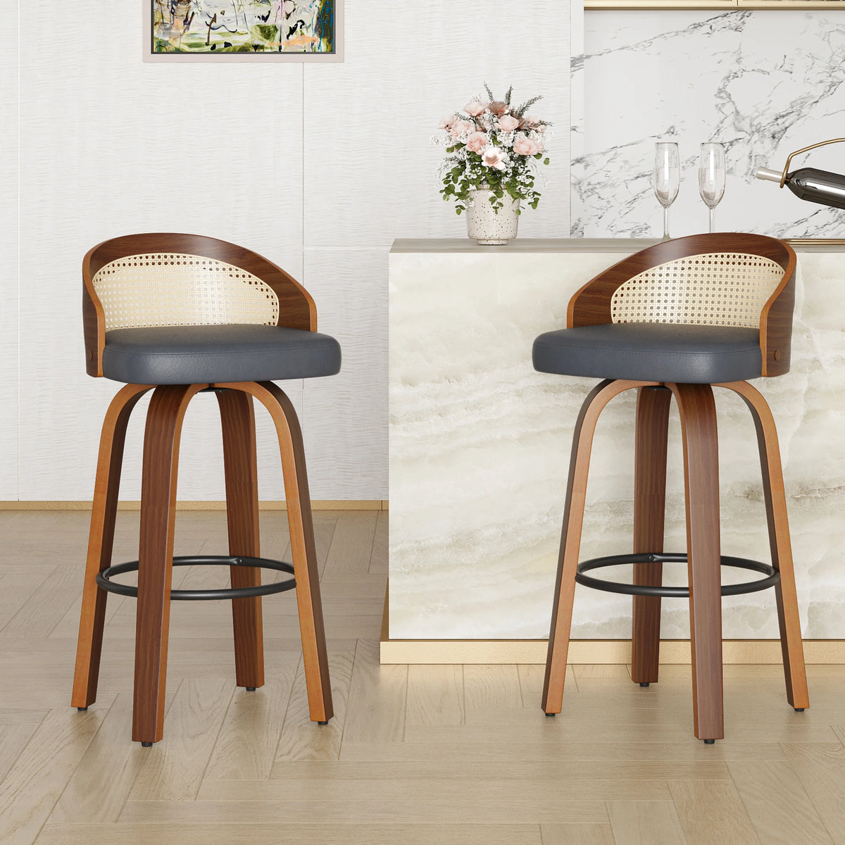 Conjunto de 2 Banquetas Giratórias, Estrutura Moderna em Madeira com Encosto de Rattan, Assento em Couro PU para Balcão de Cozinha, Mesa de Bar