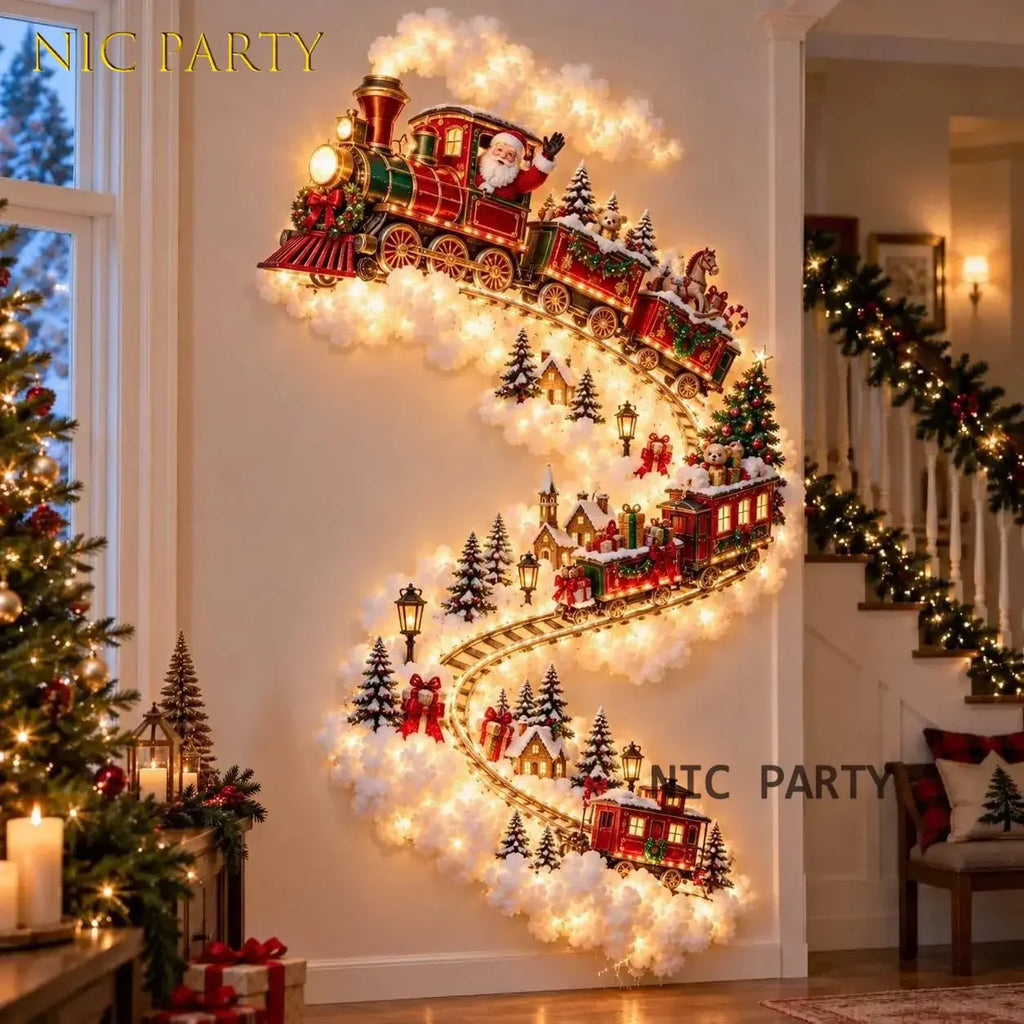 Decoração de parede natalina luminosa, luz de parede para casa, cena mágica de Natal, trenó do Papai Noel, renas, decoração natalina suspensa