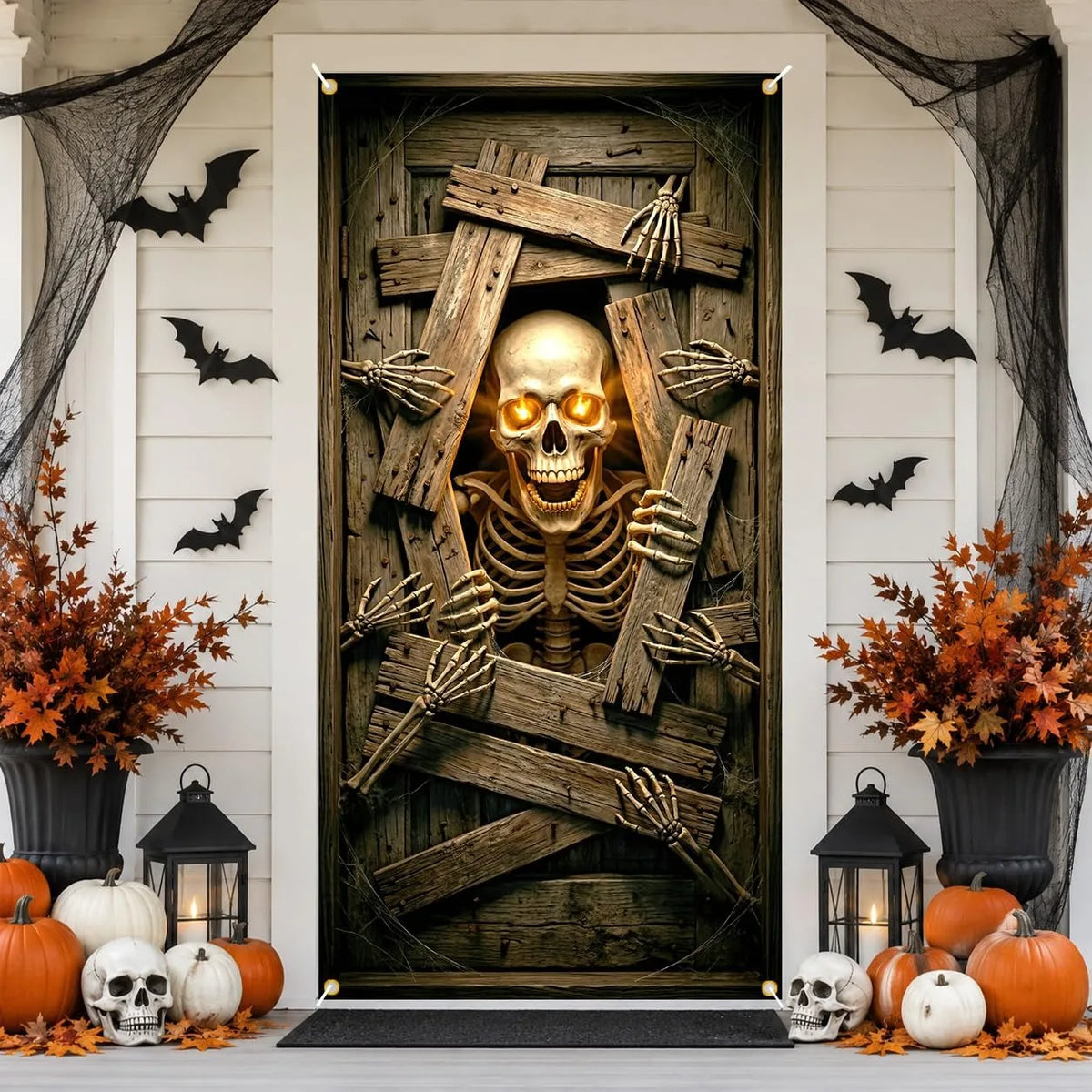 Banner de Porta de Esqueleto com Olhos Brilhantes para Halloween, Decoração Assustadora de Porta de Madeira Quebrada, Decoração Suspensa para Festa Interna e Externa