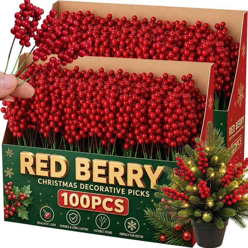 Galhos de Frutas Vermelhas Artificiais para Natal, Buquê de Flores de Azevinho Falso para Decoração de Árvore de Natal e Festa de Ano Novo