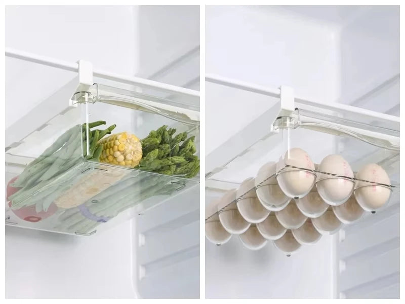 Organizador de geladeira, ovo de frutas, rack de armazenamento sob a prateleira, caixa de gaveta de geladeira, organizador de cozinha para manter fresco