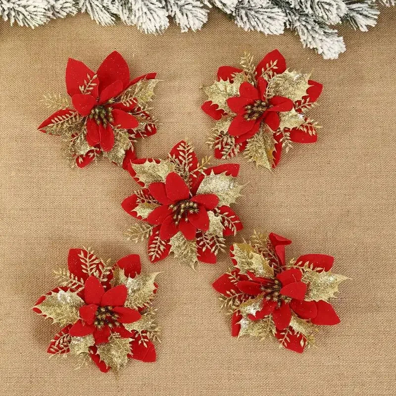 Natal glitter flores artificiais árvore de natal pendurado ornamentos flor falsa para casa 2025 natal ano novo 2026 navidad presente