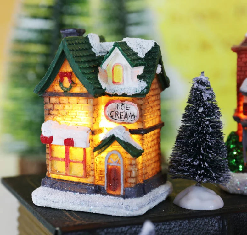 Enfeite de casa em miniatura de resina para o Natal, decoração de mesa com tema de aldeia natalina, casa em miniatura, cena em miniatura, decoração para festas de fim de ano.