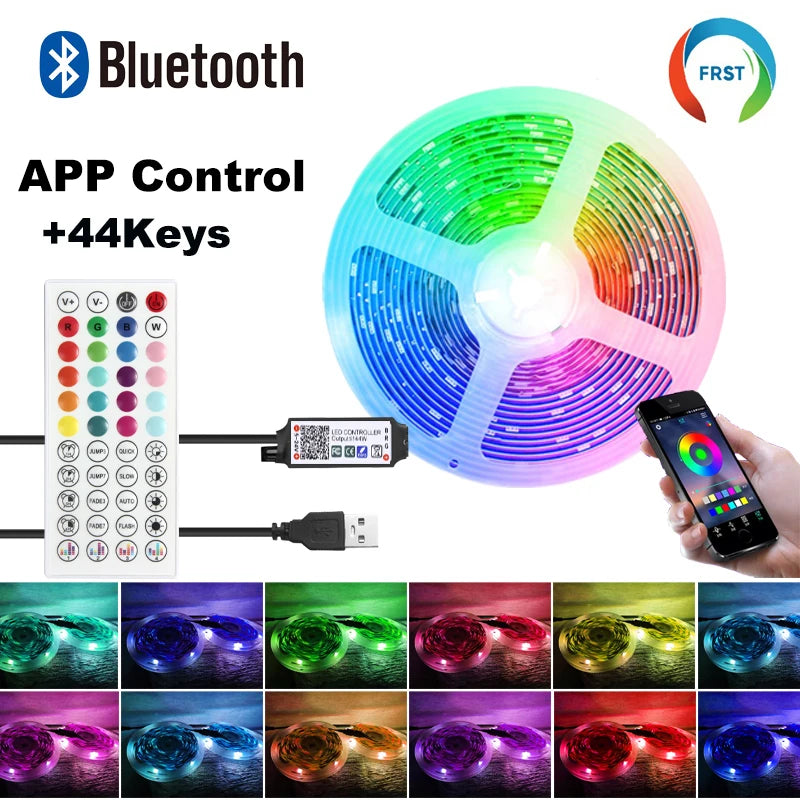 Fita LED RGB 5050 Colorida com Bluetooth para Decoração de Ambientes, 10m 15m 20m 30m, Iluminação LED Neon para PC e TV, Fita LED Kasa & Pet
