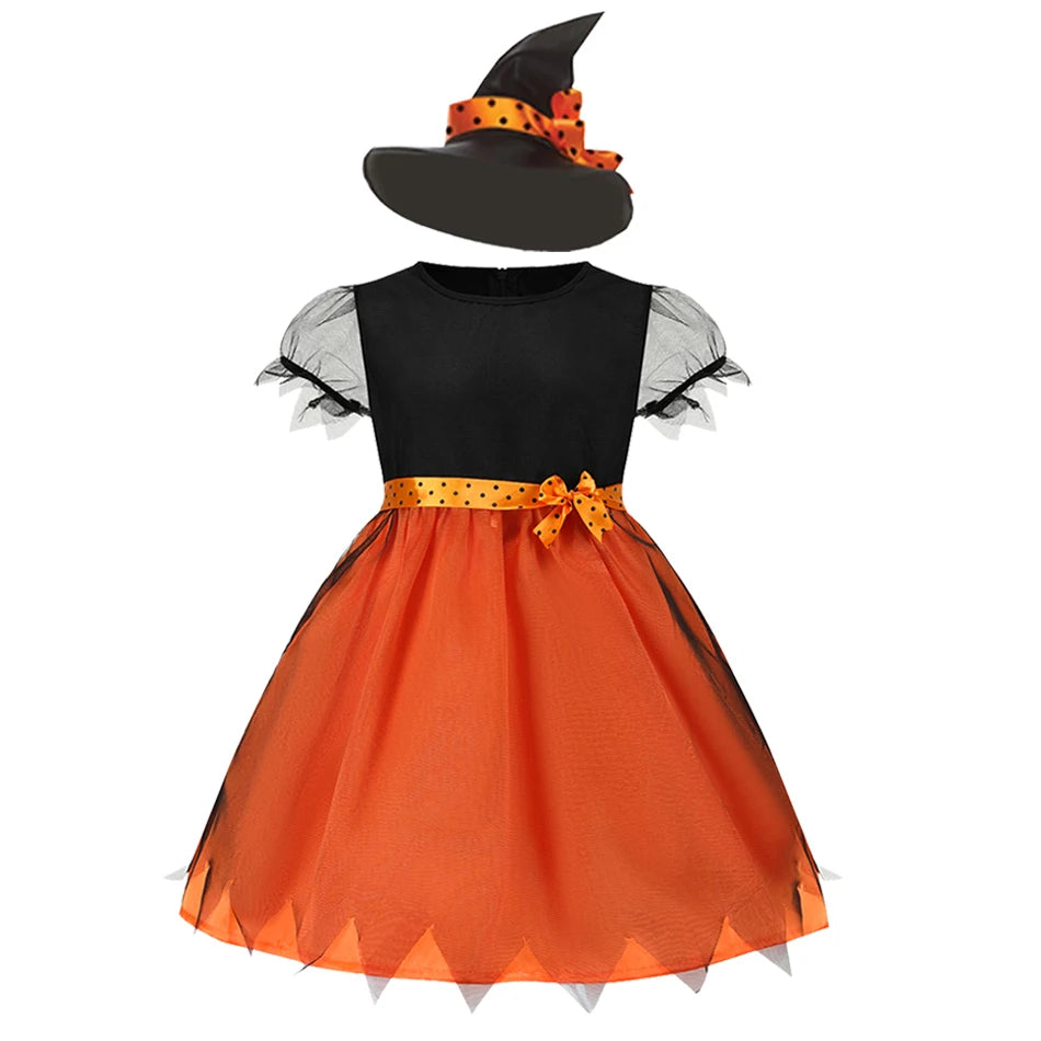 Fantasia de Halloween para Meninas 2026: Vestido de Abóbora e Bruxa com Chapéu para Carnaval e Festas - Roupa Infantil