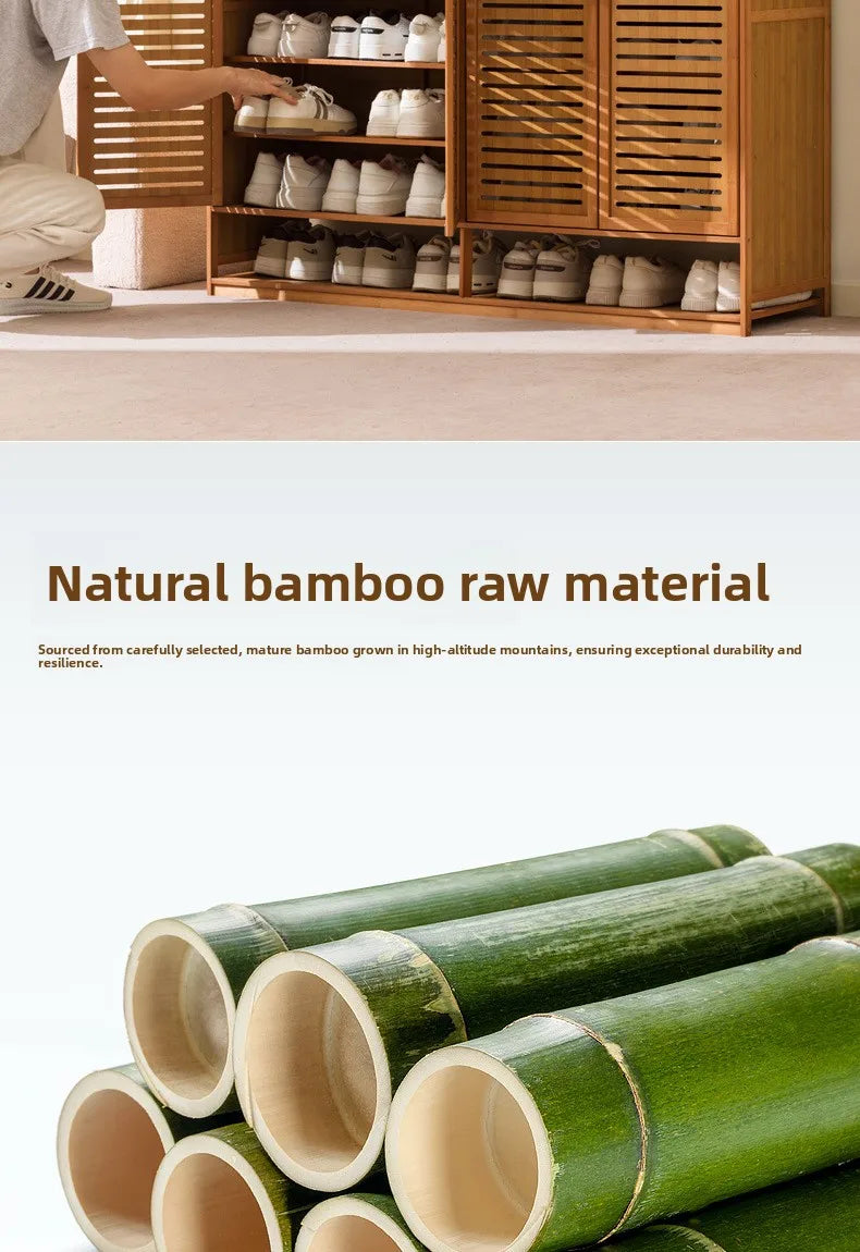 Armário de Sapatos de Bambu com Porta de Persiana, Armário de Armazenamento Multicamadas para Sala de Estar, Armário de Jantar, Armário de Utensílios de Cozinha