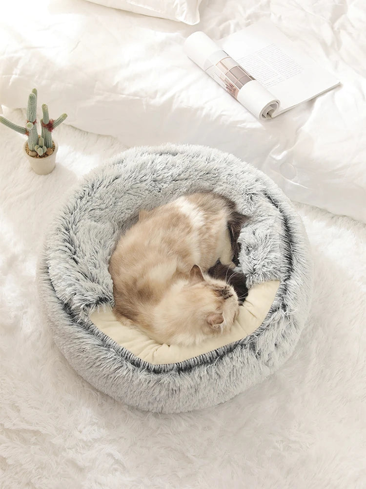 Cama macia quente do animal de estimação do luxuoso com tampa, ninho redondo do sono, caverna para cães pequenos, colchão do gato, gatinho