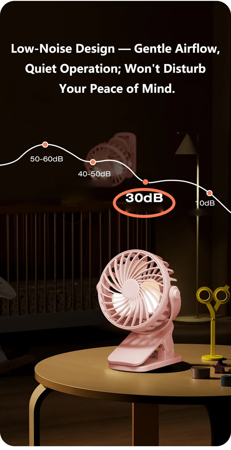 Mini Ventilador Portátil 720 ° Ventilador Portátil Recarregável USB com Lâmpada Noturna Integrada e Rotação, Fluxo de Ar Potente para Viagens, Camping e Atividades ao Ar Livre