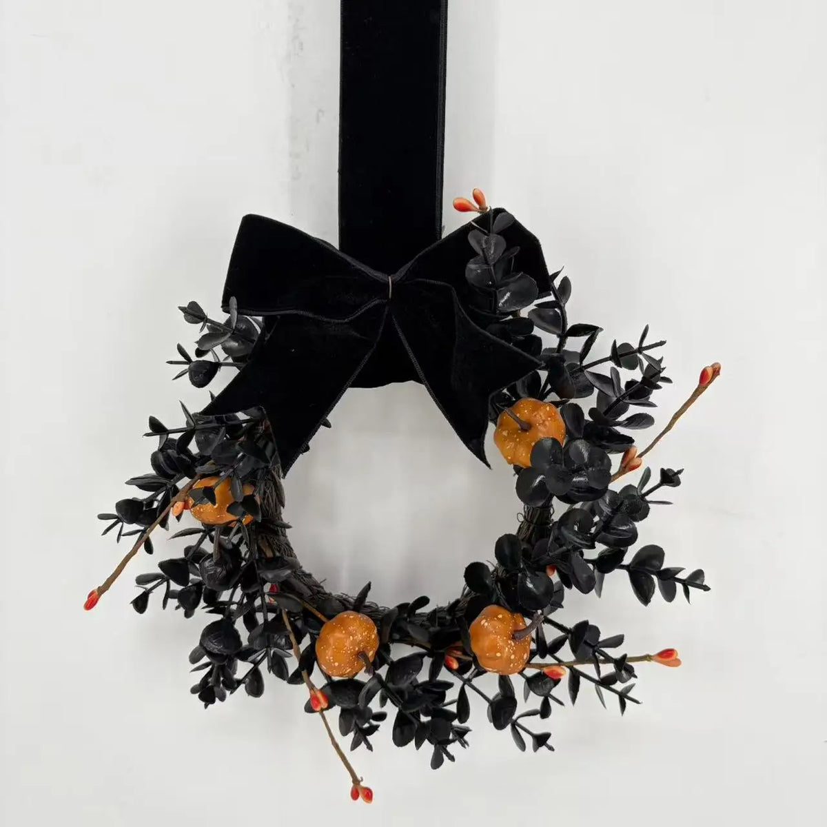 Guirlanda de Abóbora de Halloween com Laço, Guirlanda de Frutas Vermelhas de Outono, Decoração para Porta da Frente