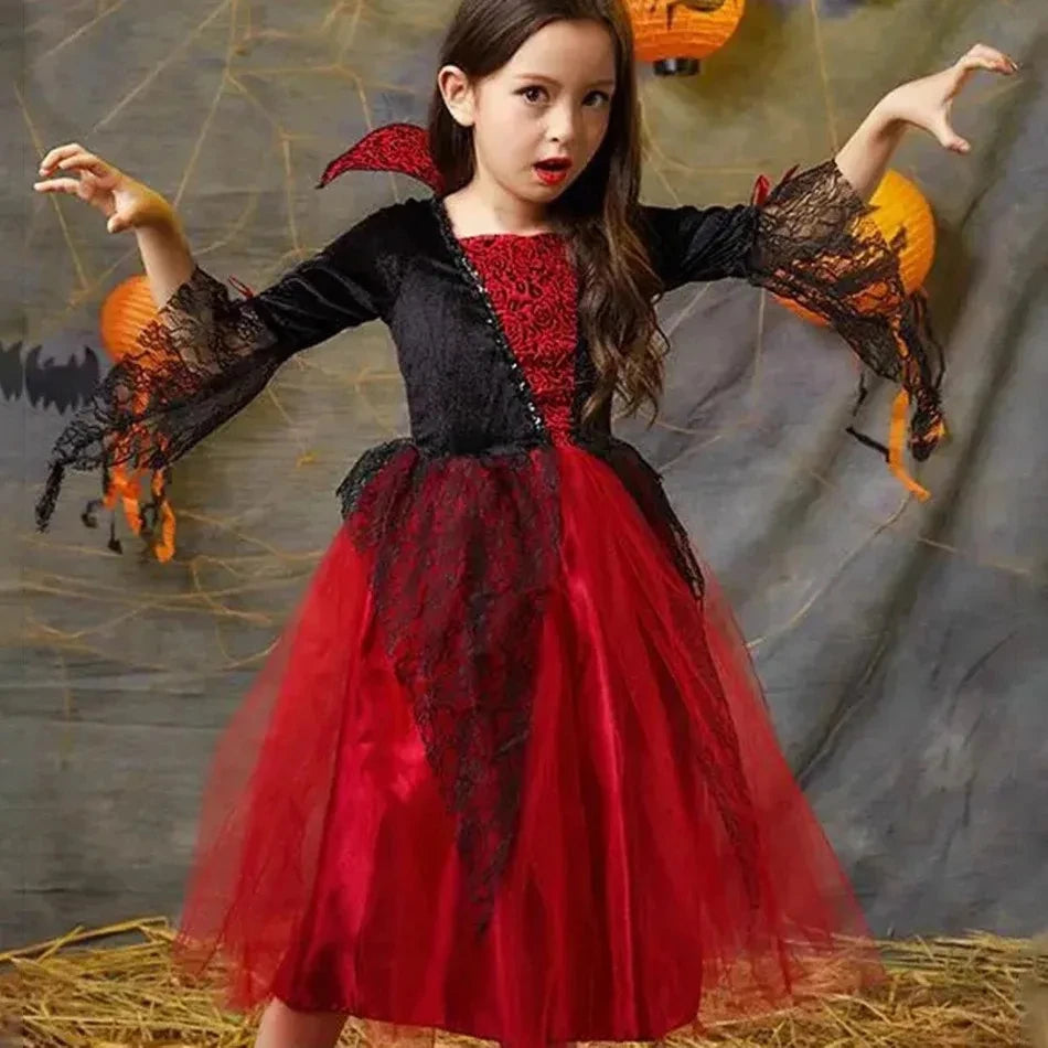 Fantasia de Halloween para Meninas: Cosplay Gótico de Noiva Fantasma, Bruxa, Vampira, Vestido Tutu Vermelho e Preto, Peruca, Véu, Kits para Festas de Halloween