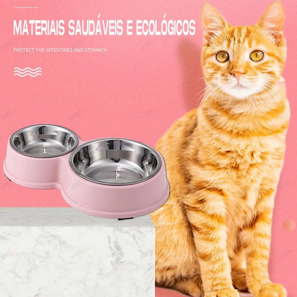 Comedouro Bebedouro Duplo Aço Inox Base Antiderrapante para Caes e Gatos Facil de Limpar