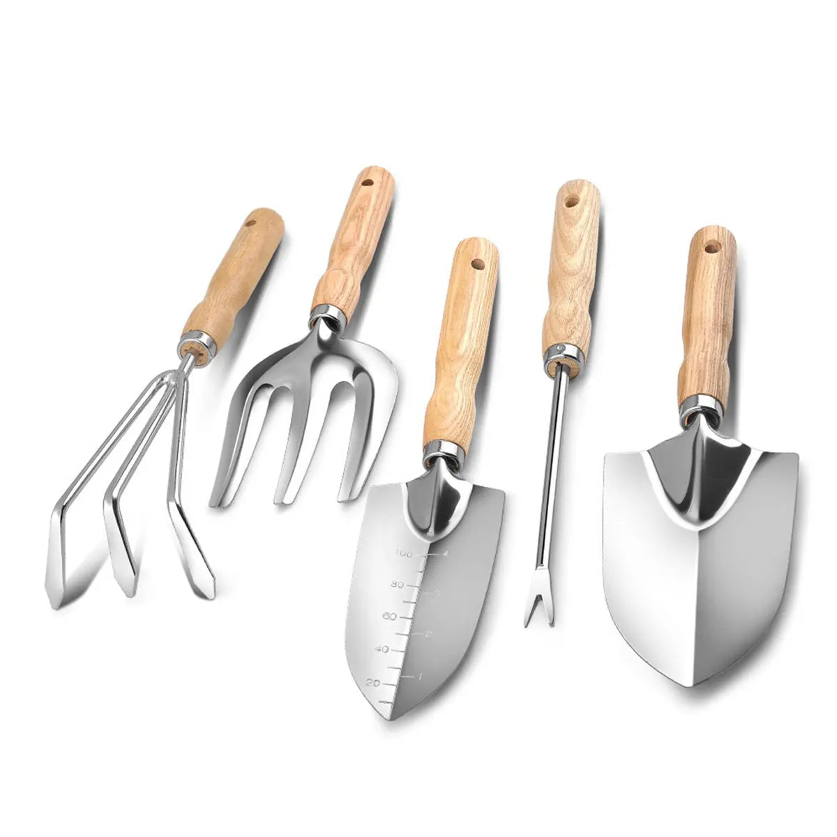 Conjunto Profissional de Ferramentas de Jardinagem com 5 Peças em Aço Inoxidável, Pá Ergonômica para Raízes, Rake para Vasos, Canteiros e Recipientes, Kit para Uso Externo