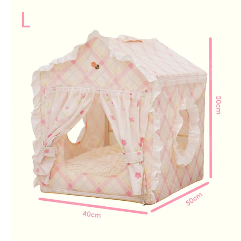Casa para Gatos Floral Fofa com Tenda, Cama Semi-Fechada Removível e Lavável para Gatos/Cães