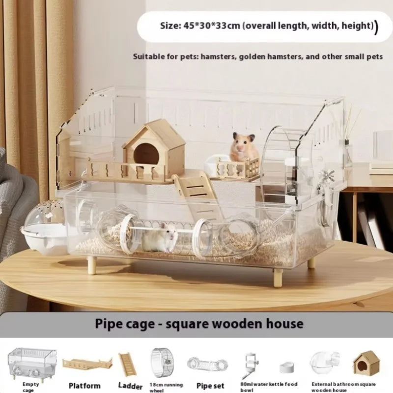 Gaiola para Hamster Espaçosa em Acrílico Transparente com Acessórios, Habitat para Roedores, Suprimentos para Pequenos Animais