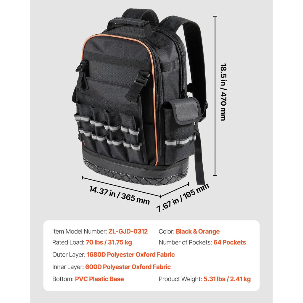 "64 Pocket Heavy Duty Tool Backpack with Laptop Compartment & Molded Base-Rubber Logo"