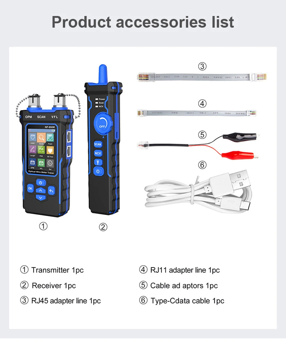Noyafa-Network Cable Tester, Ethernet Cable Tracker, OPM VFL PoE Checker, Medir Comprimento, Wiremap, Ferramentas de Rede, NF-8508