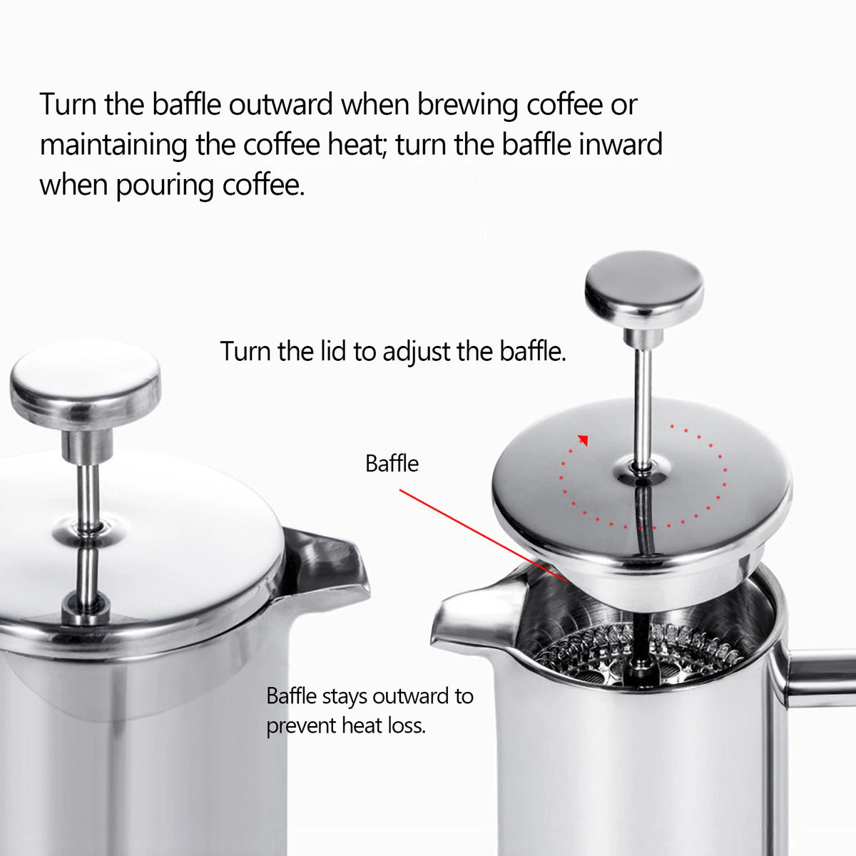 Cafeteira Francesa de 350ml/800ml/1000ml em Aço Inoxidável com Parede Dupla Isolada