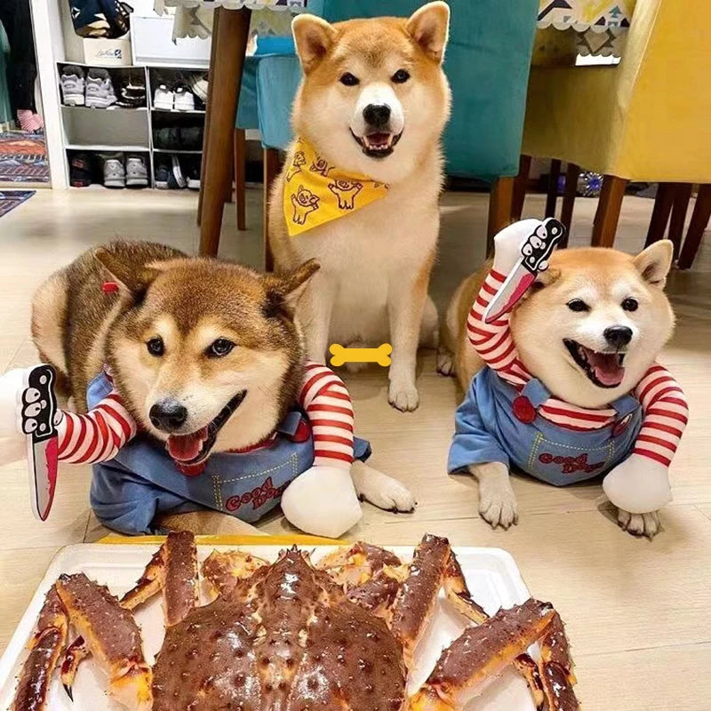 Engraçado roupas para animais de estimação halloween gato trajes cosplay camisa cão macacão segurando faca conjunto filhote de cachorro gatinho vestuário festa presentes suprimentos