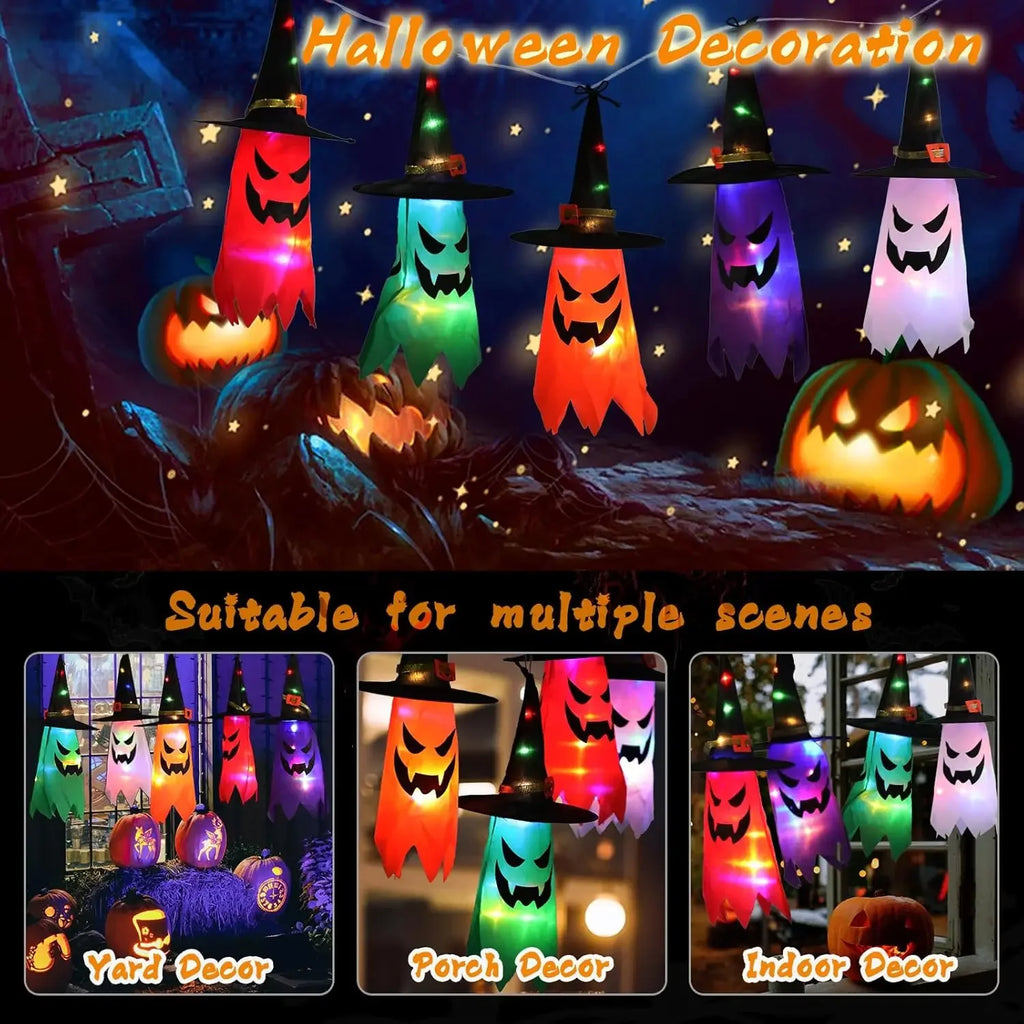 Lanternas de Chapéu de Bruxa Brilhantes para Halloween, Decoração Suspensa para Jardim, Varanda, Quarto, Ambientes Internos e Externos, Adereços para Festas de Feriado