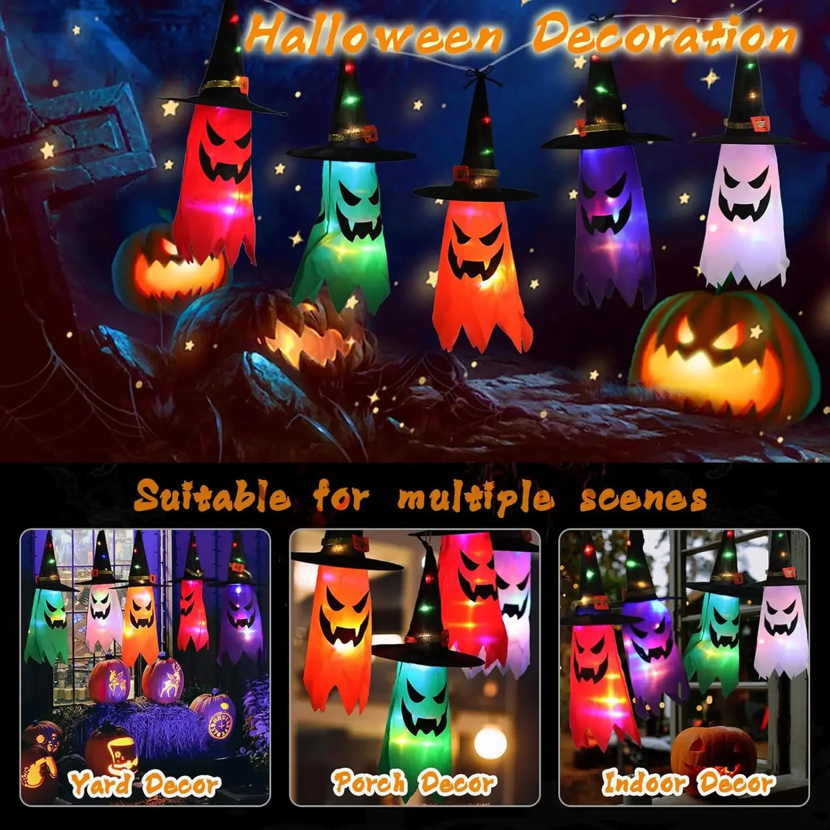 Lanternas de Chapéu de Bruxa Brilhantes para Halloween, Decoração Suspensa para Jardim, Varanda, Quarto, Ambientes Internos e Externos, Adereços para Festas de Feriado
