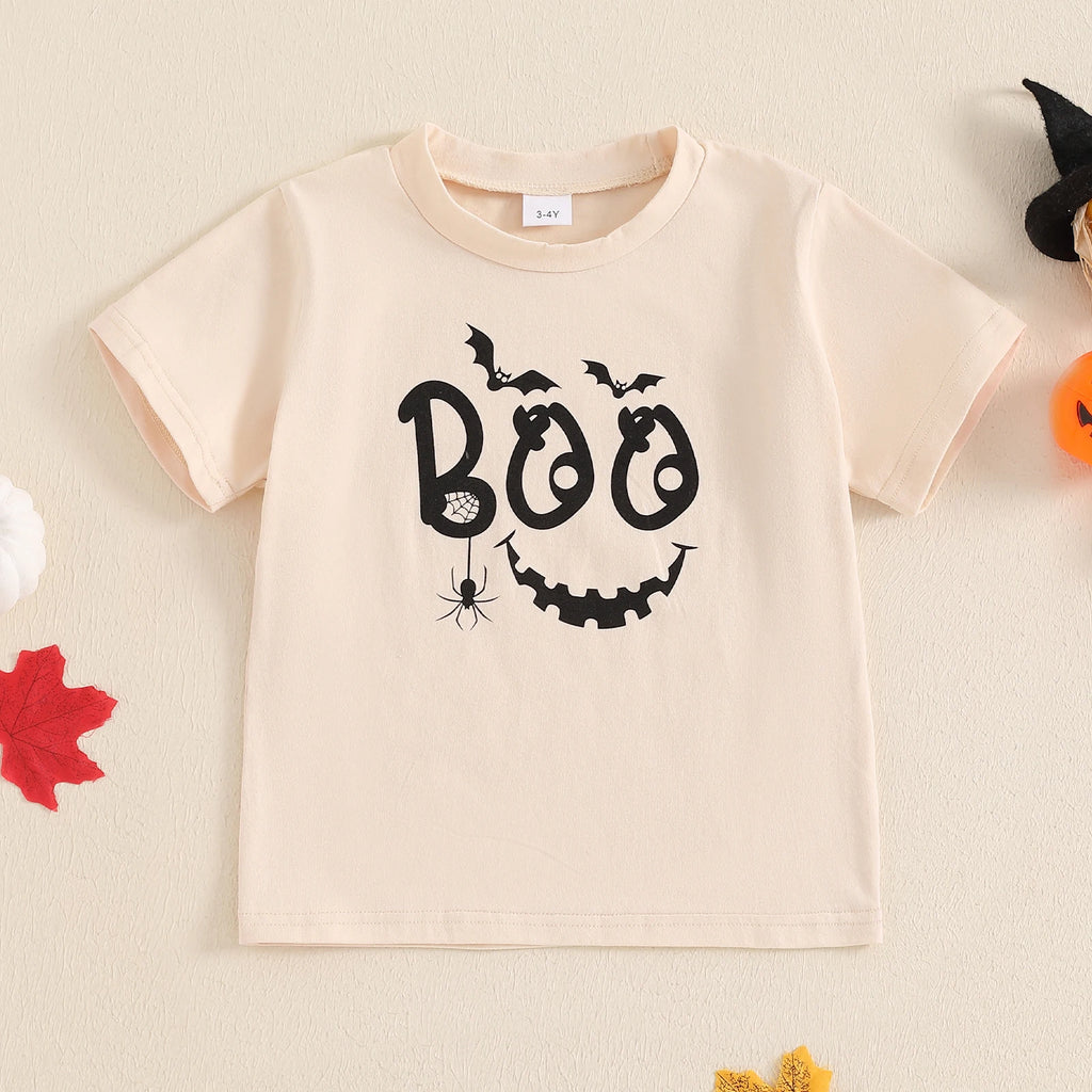 FOCUSNORM-camiseta de Halloween com estampa de esqueleto fantasma para crianças, tops de manga curta para crianças, gola redonda, roupas para meninos e meninas, 2 a 7 anos