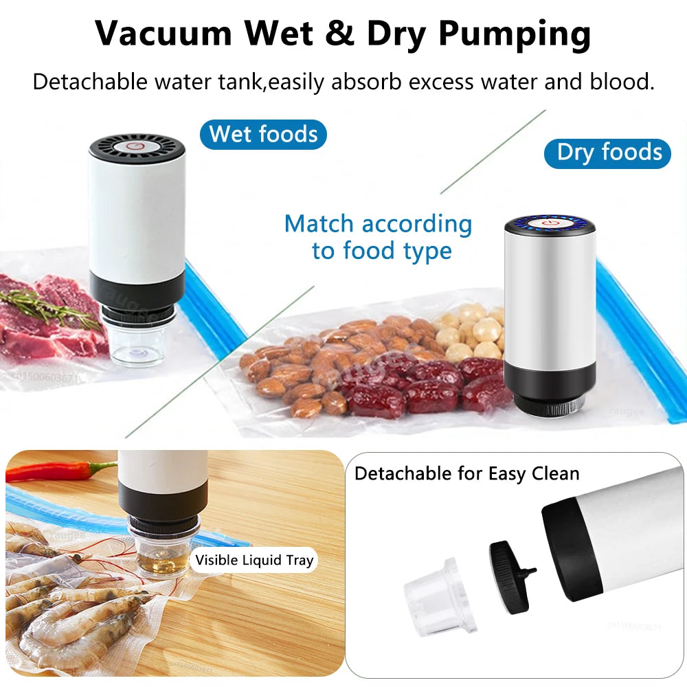 Máquina de Embalagem a Vácuo para Armazenamento de Alimentos, Bomba de Vácuo Portátil Mini Sem Fio Recarregável, Seladora de Sacos de Alimentos