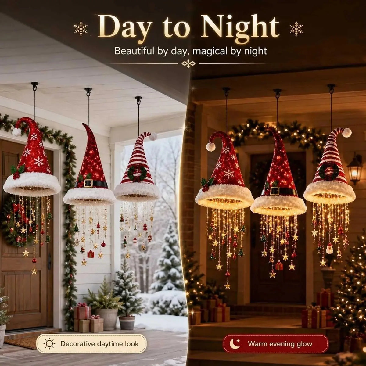 Luz de Natal LED em Forma de Chapéu de Papai Noel, Luzes de Cordão Brilhantes e Quentes, Decoração de Natal para Casa, Escada e Festa.