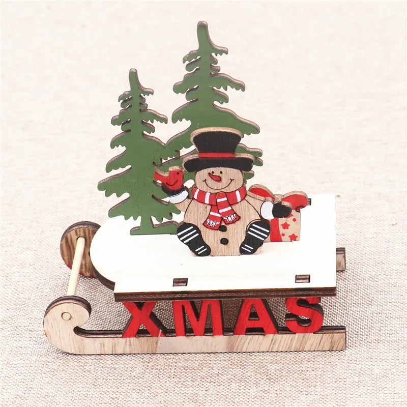 Decorações de natal de madeira diy trenó esqui dos desenhos animados santa ornamento de mesa presente das crianças pequeno presente