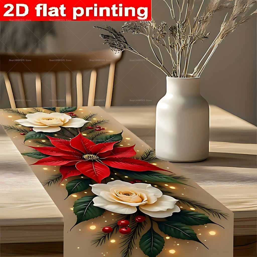 Decorações de Natal, toalha de mesa com estampa de poinsettias e pinhas, toalha de mesa de poliéster, decoração de mesa para festas de Natal e refeições de inverno.