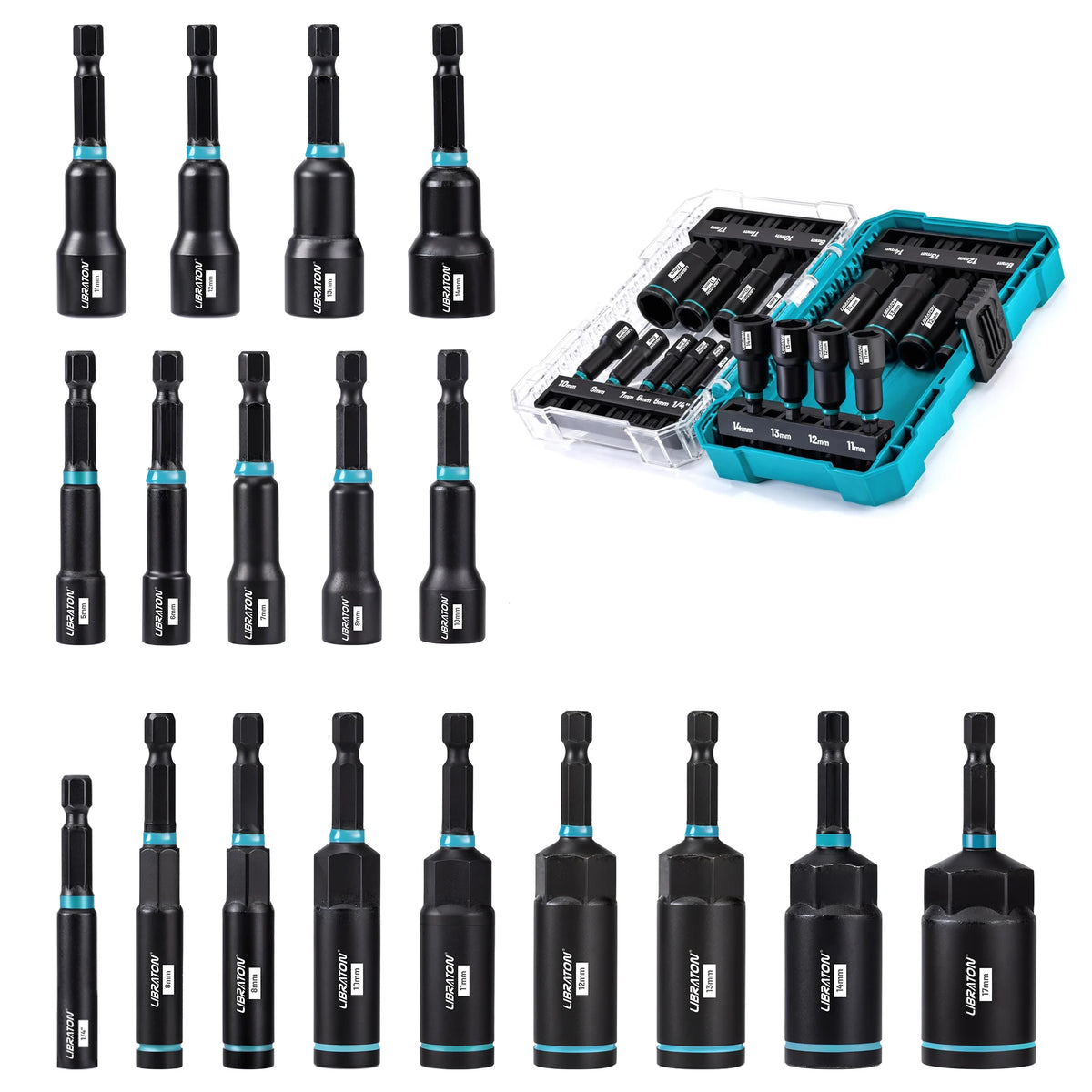 16/18 pçs conjunto de driver de porca magnética sae/conjunto de driver de porca de impacto métrico 1/4 "hex shank porca driver bit conjunto para impacto broca porca driver