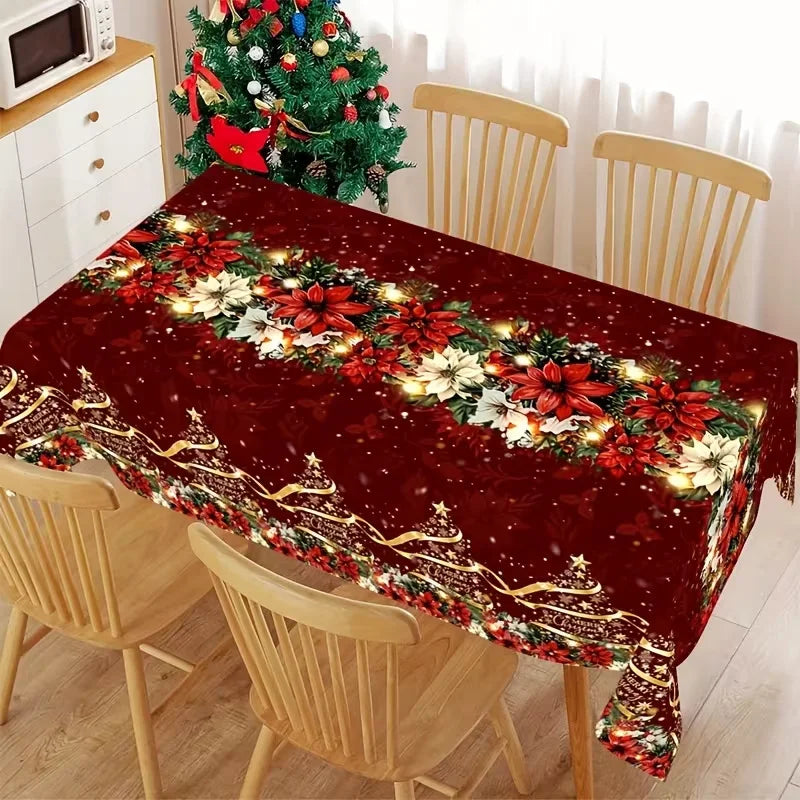 Toalha de Mesa de Natal: Decoração Clássica de Inverno com Estampa de Papai Noel, Floco de Neve e Pinhas – Suprimentos para Cenário Festivo