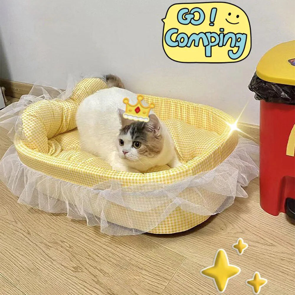 Cama Sofá Princesa para Gatos com Renda, Lavável e Removível, de Pelúcia Macia Oval para Cães/Gatos Pequenos, para Todas as Estações