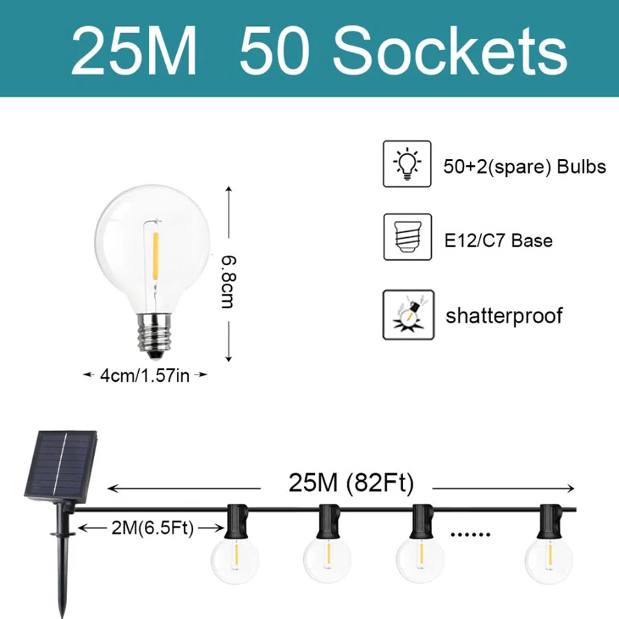 G40 luzes da corda solar festão led pátio lâmpadas corda solar ao ar livre para festa de jardim de natal casamento terraço decoração