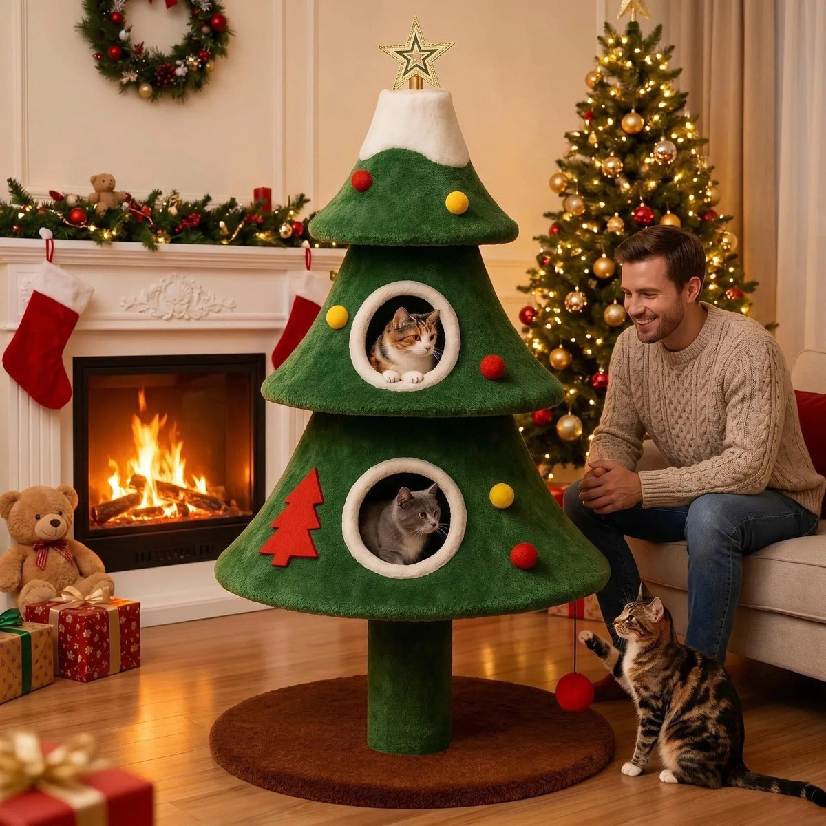 Torre Grande de Árvore de Natal com Cama em Forma de Caverna, Poste Arranhador de Sisal, Brinquedo para Todas as Estações