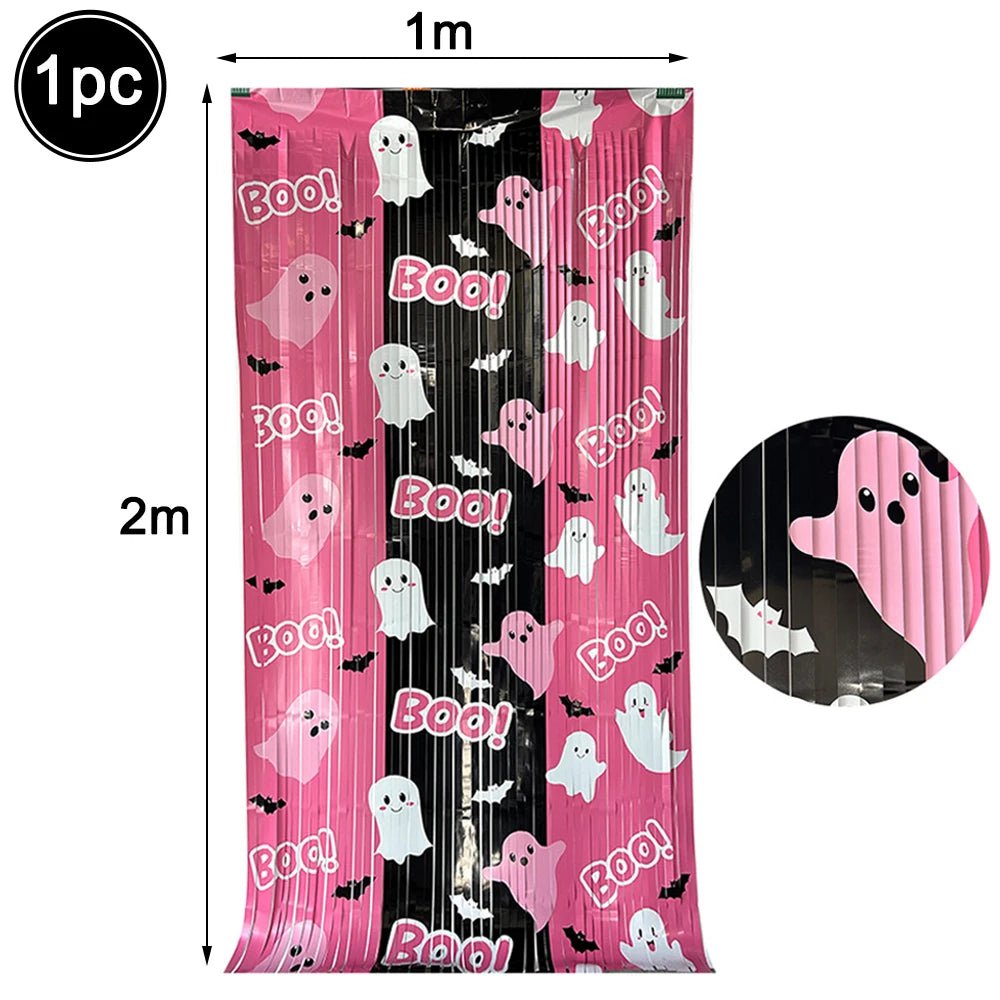 Cortina de Franjas Metalizadas de Halloween, Guirlanda de Enfeites, Painel de Fundo para Fotos com Estampas de Abóbora, Fantasma, Morcego e Boo, Decorações Suspensas para Portas e Paredes de Festa de Halloween - Kasa & Pet