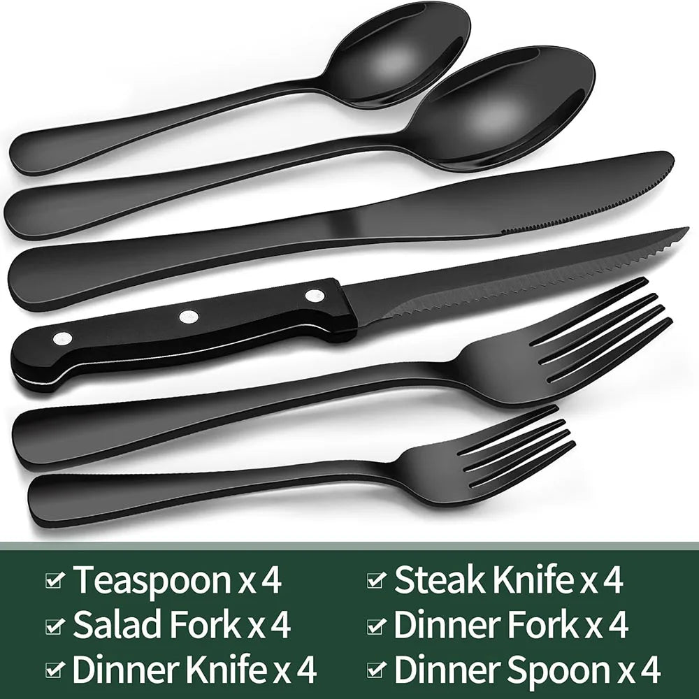 Conjunto de Talheres Pretos com Facas para Bife, Conjunto de Utensílios para 4 Pessoas, Talheres de Grau Alimentício, Conjunto de Talheres com Acabamento Espelhado Kasa & Pet