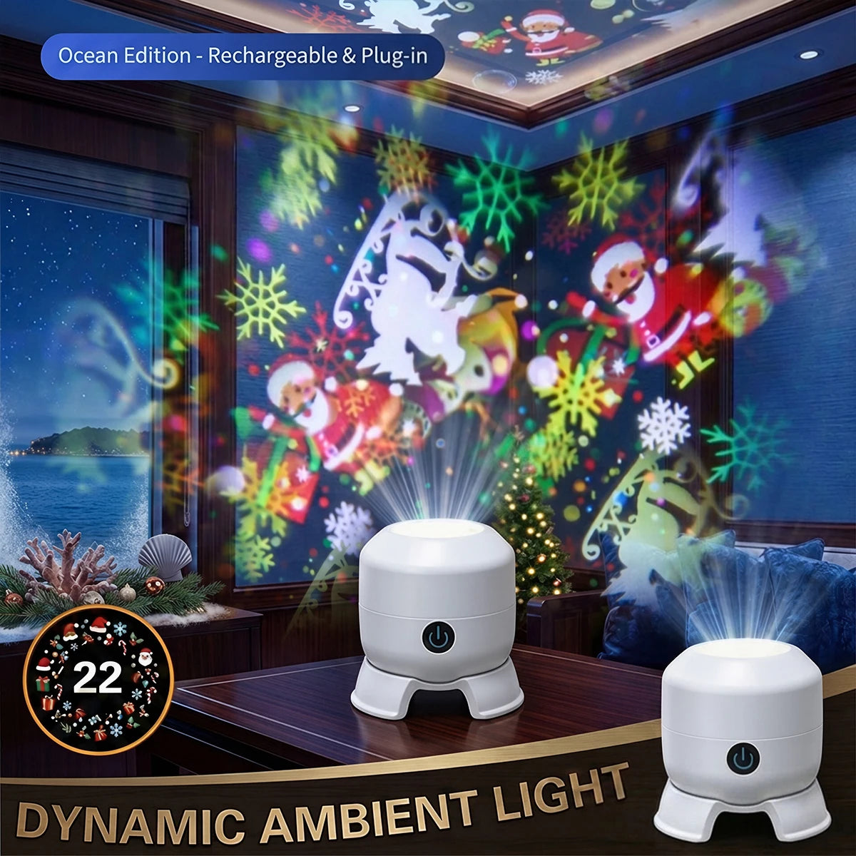 Projetor de Luz Rotativo de Natal com 22 Padrões, Lâmpada Noturna LED, Projetor de Luz com Boneco de Neve, Papai Noel, Floco de Neve, Rena e Alce