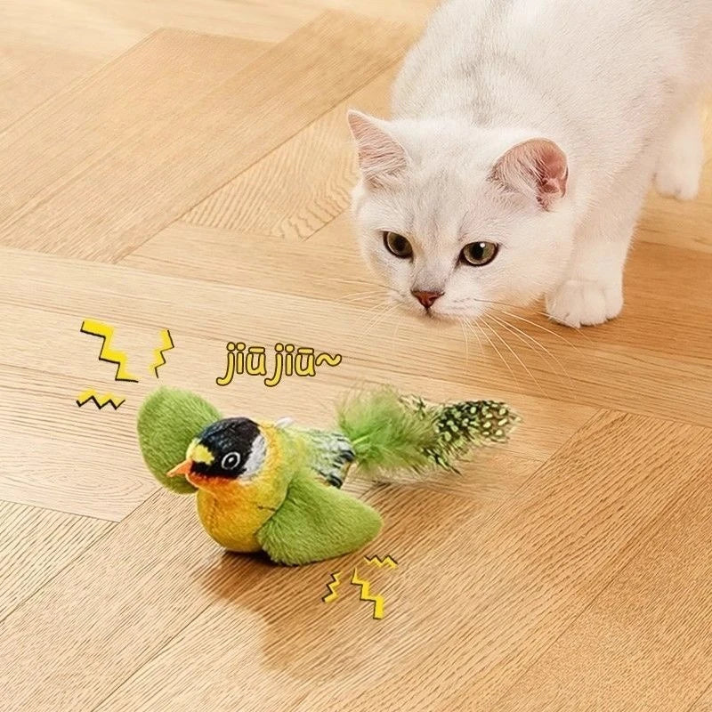 Brinquedo interativo para gatos, em forma de pássaro de pelúcia, ativado por som e fixado na parede, com catnip, para brincadeiras e entretenimento de gatos em ambientes fechados.