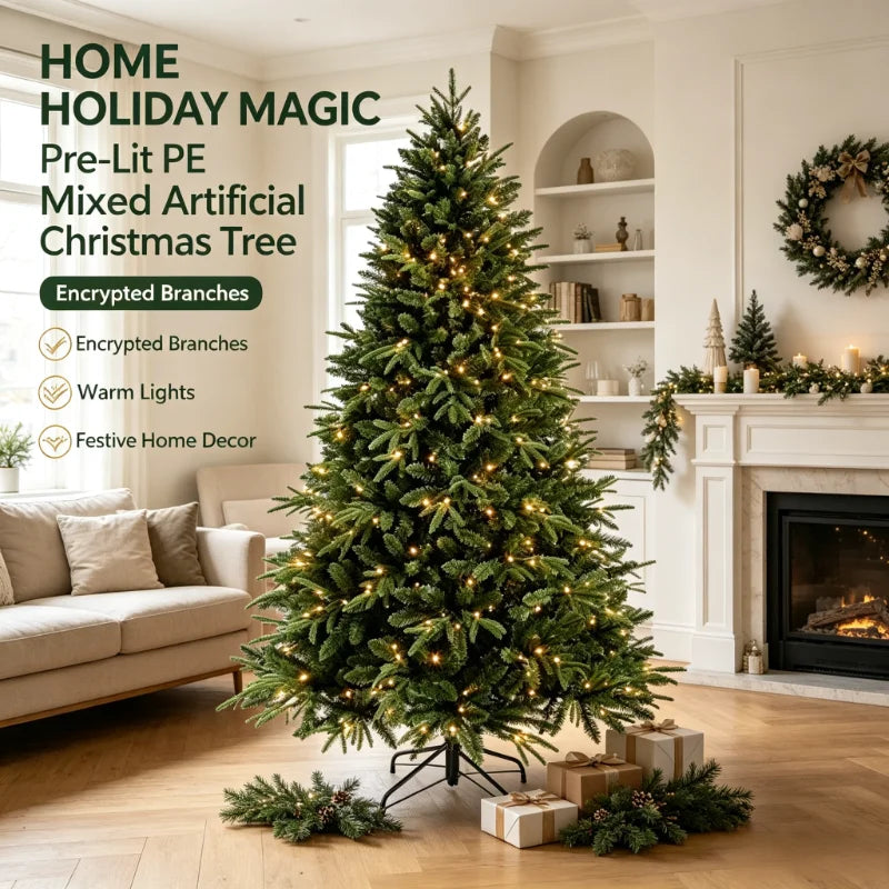 2026 Nova Árvore de Natal Mista de PE Pré-iluminada, Árvore de Natal Artificial de Alta Qualidade com Galhos Densos, Decoração Natalina para Casa