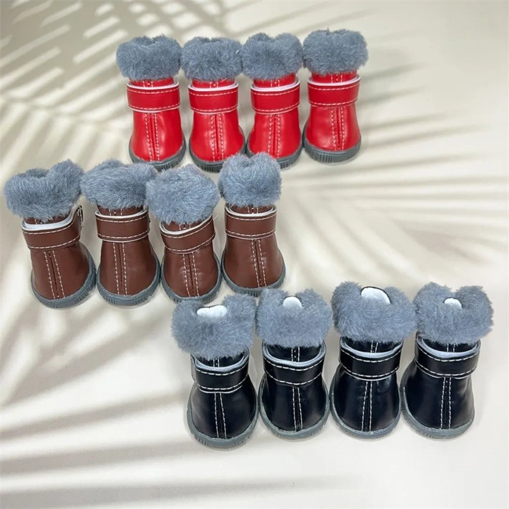 4 pçs inverno sapatos para cães de estimação antiderrapante anti-congelante botas para cães à prova dwaterproof água couro do plutônio resistente ao desgaste sapatos de lã do cão temporada de inverno