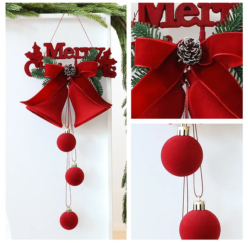 Enfeites de Natal em Veludo Vermelho, Bolas Flocadas, Sinos, Pingentes, Laços, Decoração para Casa, Presentes para Festa de Natal e Ano Novo