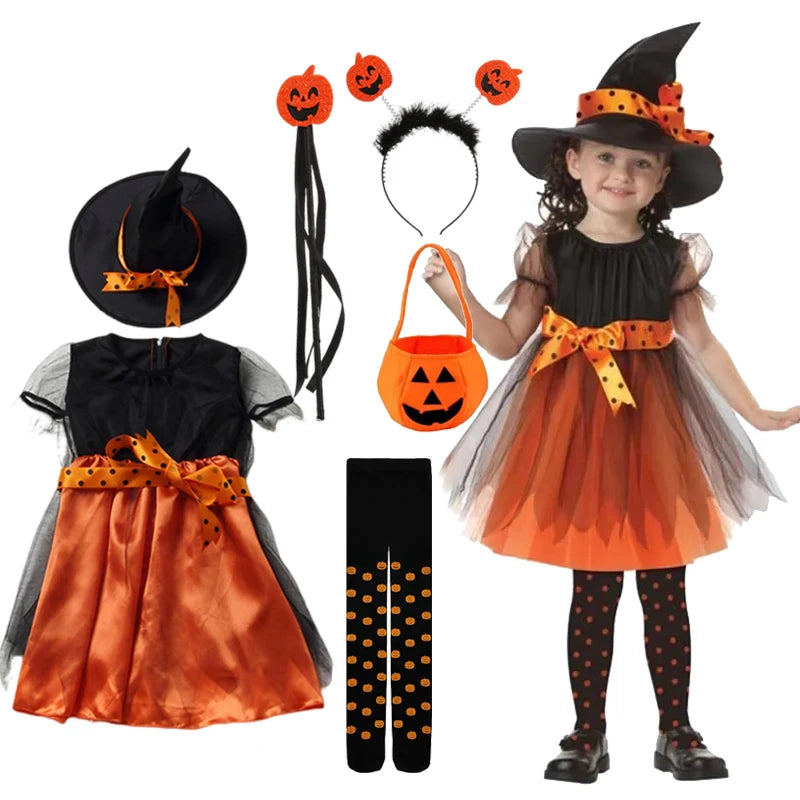 Fantasia de Halloween para Meninas 2026, Conjunto de Vestido de Bruxa com Chapéu e Bolsa