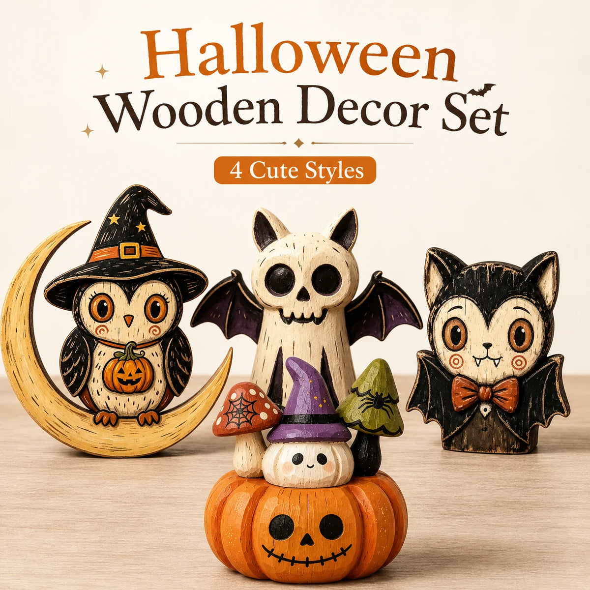 Decoração de Mesa de Madeira para Halloween, Figuras Pintadas à Mão de Coruja, Fantasma, Abóbora e Gato Vampiro para Decoração de Prateleira e Festa