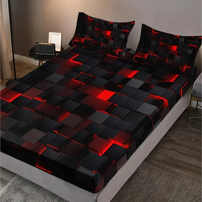 Moda Tecnologia-Inspirado Xadrez Vermelho Conjunto de Folhas, Cama Soft Impressão HD para Dormitório Casa, 1 Folha Equipada + 2 Fronha